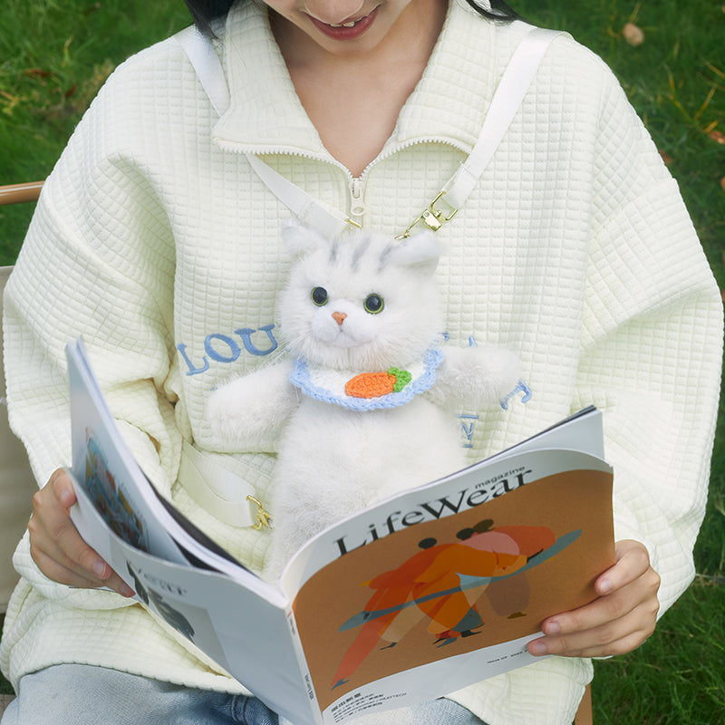 Realistic Sitting White Cat Crossbody Bag