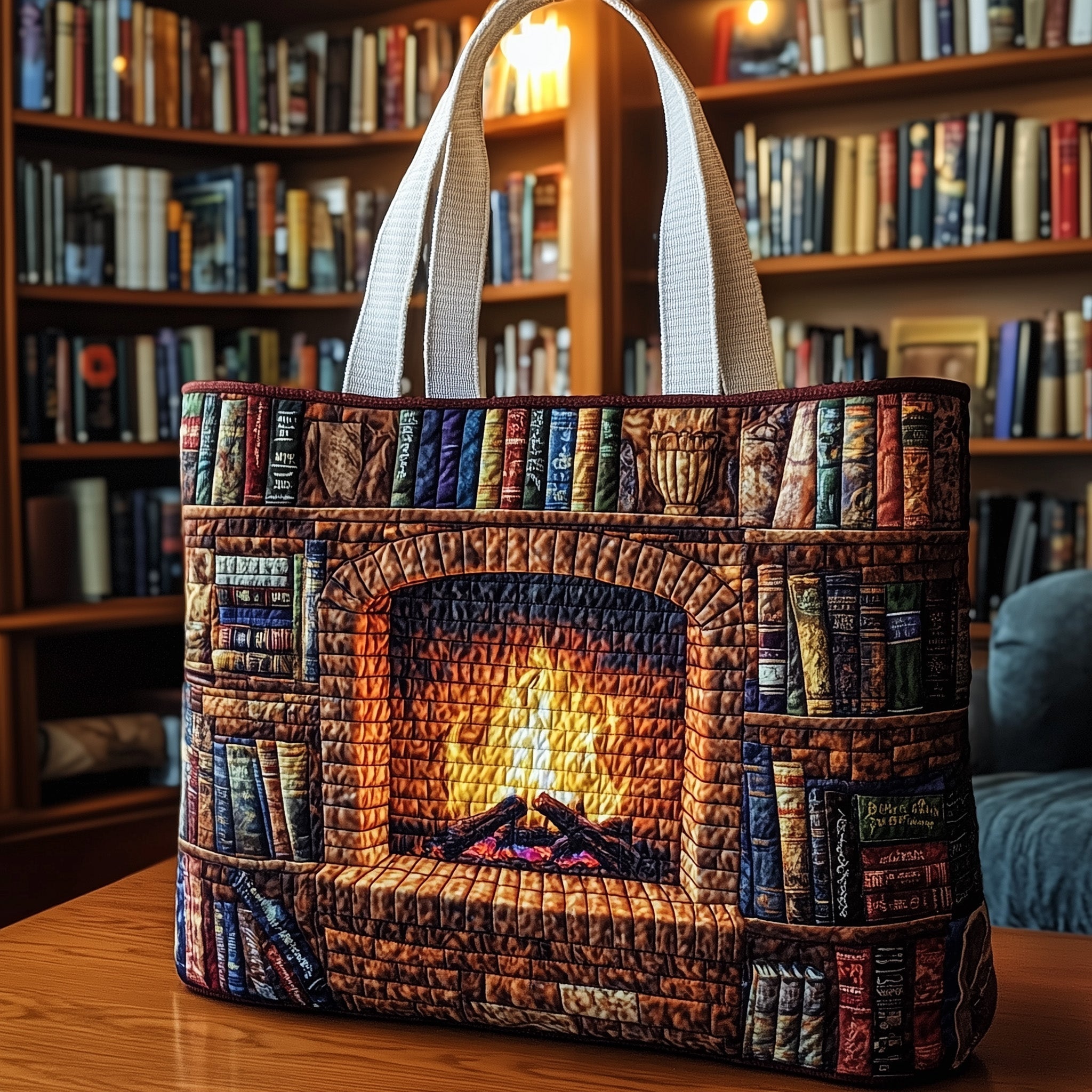Cozy Fireplace Bookself Quilted Tote Bag GFTOHD10426