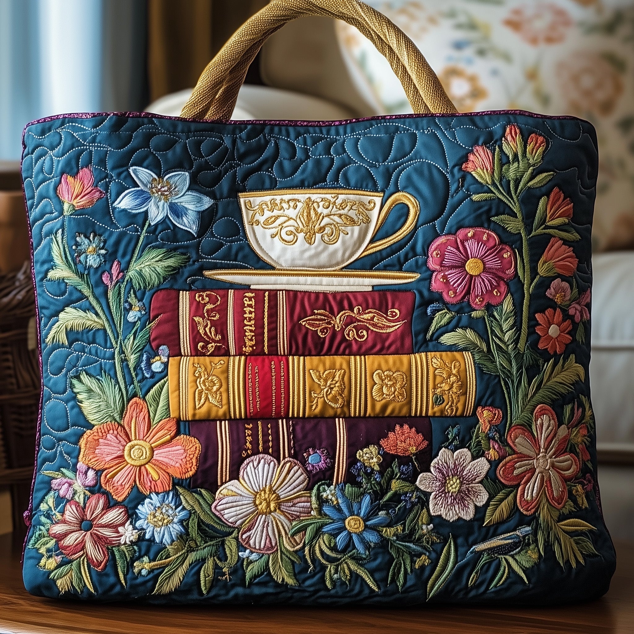 Tea and Book Quilted Tote Bag GFTOHD8101