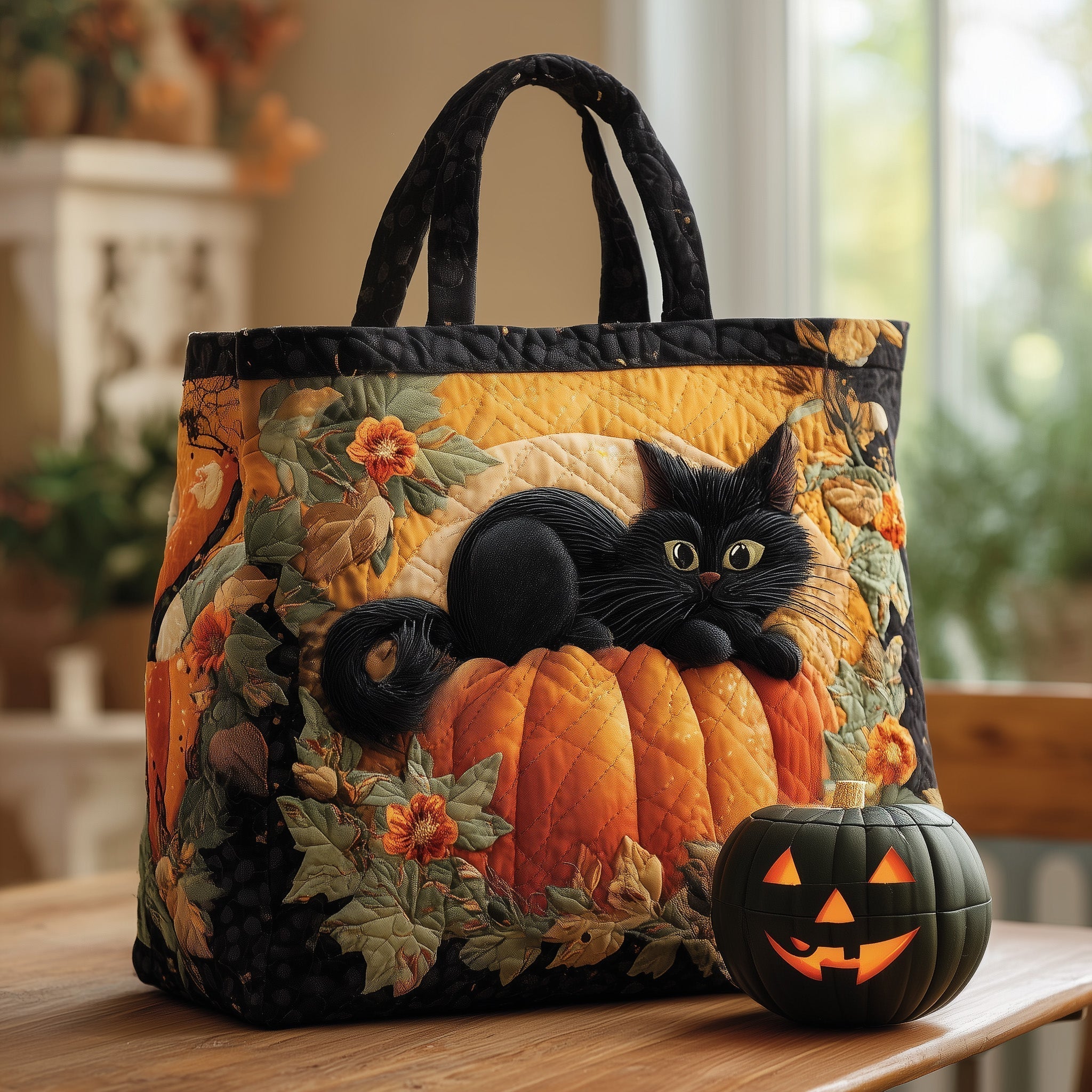 Black Cat Pumpkin Quilted Tote Bag GFTONL5431
