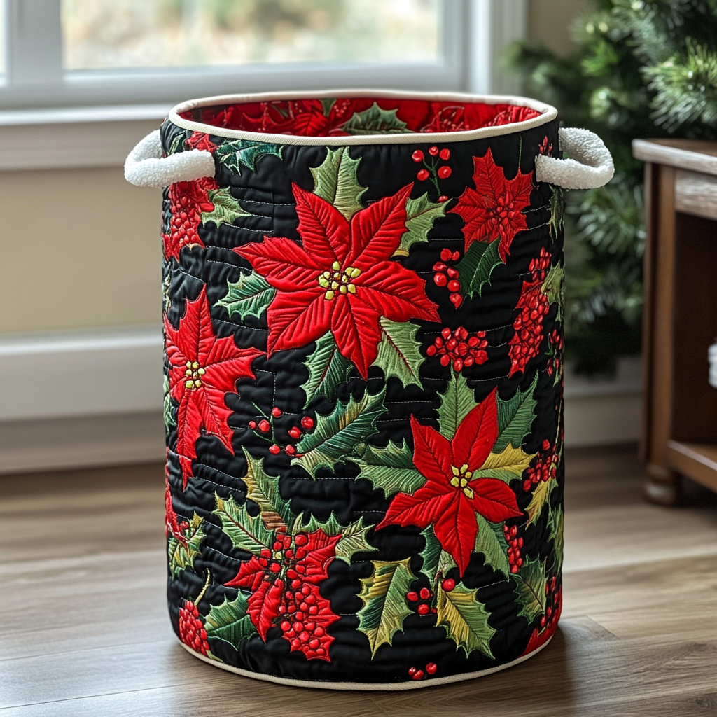 Poinsettia Charm Quilted Laundry Basket NCU0DDK1123